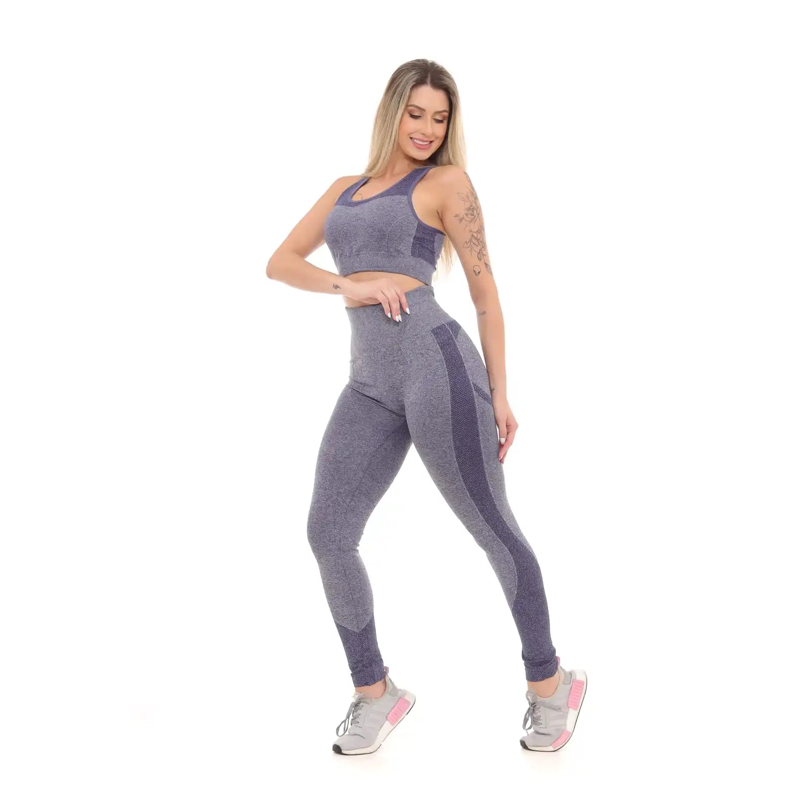 Conjunto Shorts Top e Calça Legging Fitness Cinza com Azul Marinho