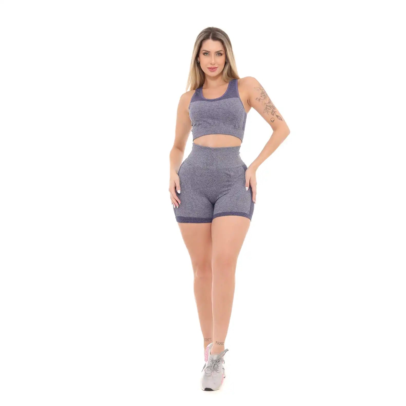 Conjunto Shorts Top e Calça Legging Fitness Cinza com Azul Marinho
