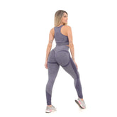 Conjunto Shorts Top e Calça Legging Fitness Cinza com Azul Marinho