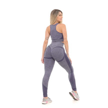 Conjunto Shorts Top e Calça Legging Fitness Cinza com Azul Marinho