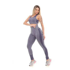 Conjunto Shorts Top e Calça Legging Fitness Cinza com Azul Marinho